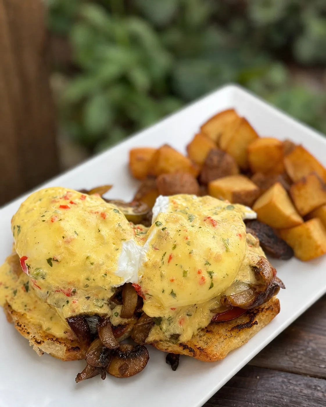 A close view of Open Oven's eggs benedict and home fries