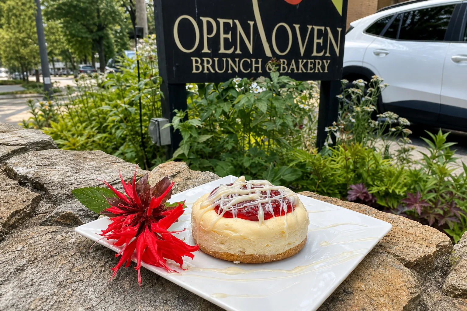 Open Oven sign and dessert outside the Black Mountain restaurant